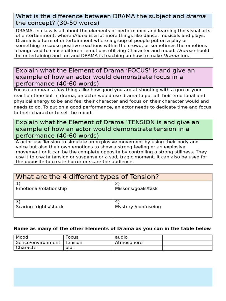 8 Drama Elements Tension and Focus Handout | PDF | Emotions | Actor