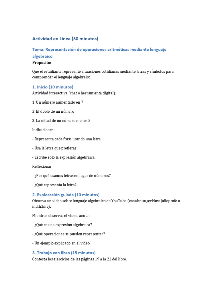 Actividad Lenguaje Algebraico en Linea | PDF