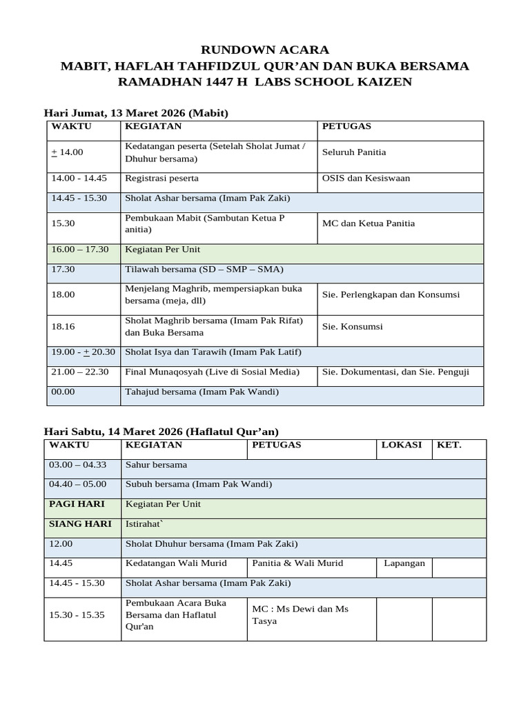 Rundown Acara Mabit, Haflatul Quran & Bukber TGL 13 - 14 Maret 2026 | PDF