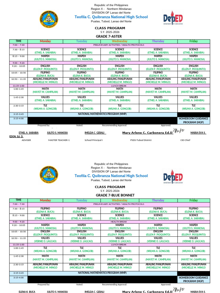 Class Program JHS 2025 2026 | PDF | Southeast Asia | Republic