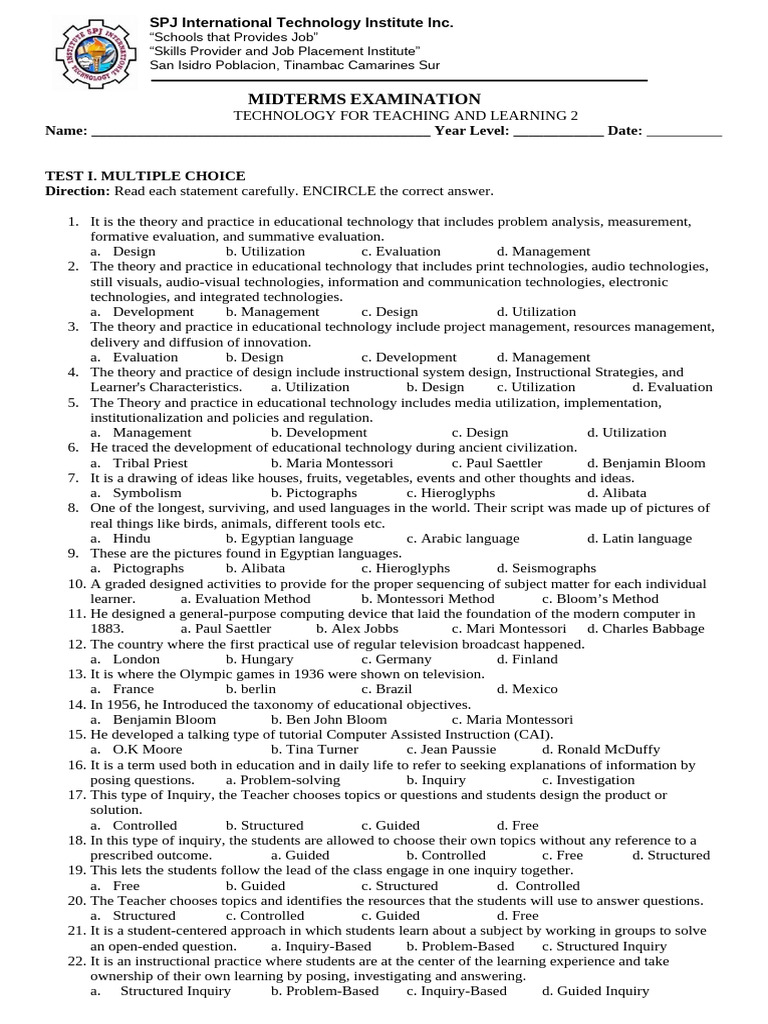MIDTERMS EXAM TTL-2 4 Copies | PDF | Educational Technology | Inquiry ...