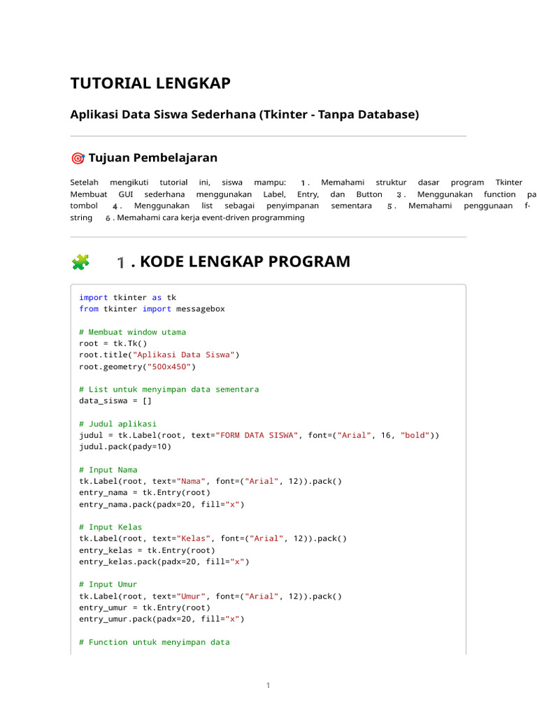 Tutorial Aplikasi Data Siswa Tkinter | PDF