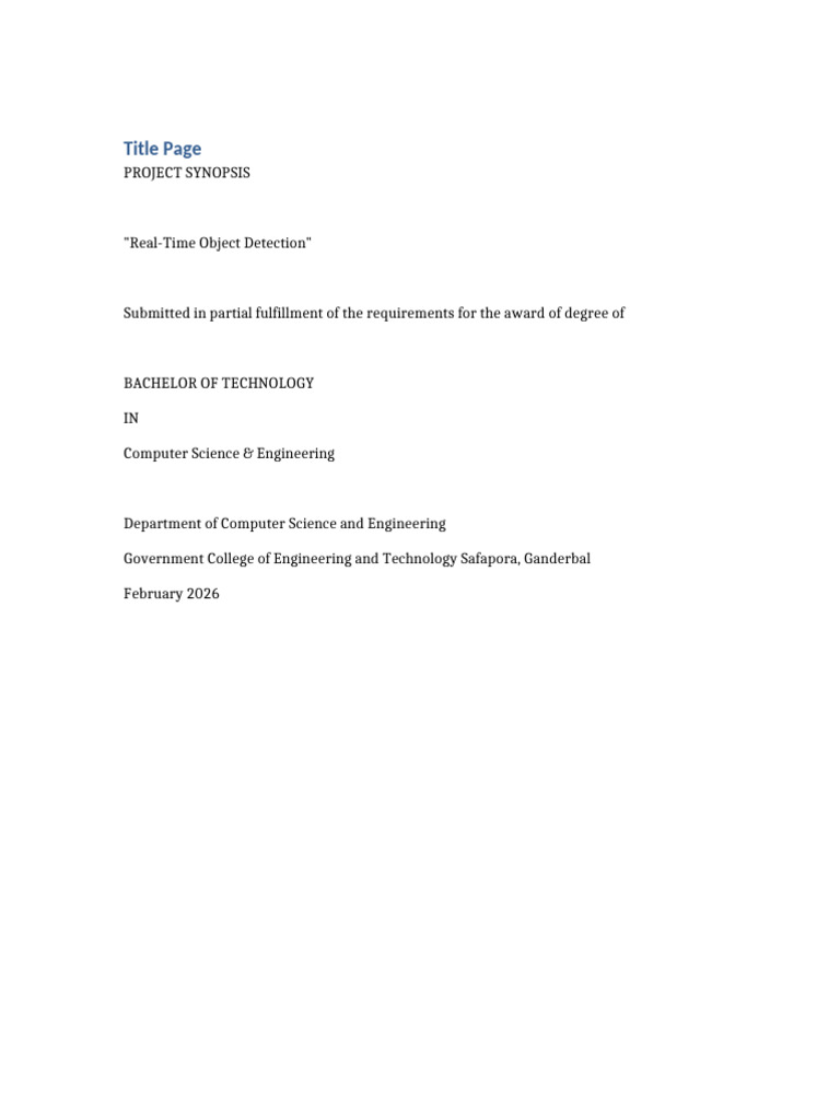 Real Time Object Detection Synopsis 11 Pages | PDF | Artificial ...