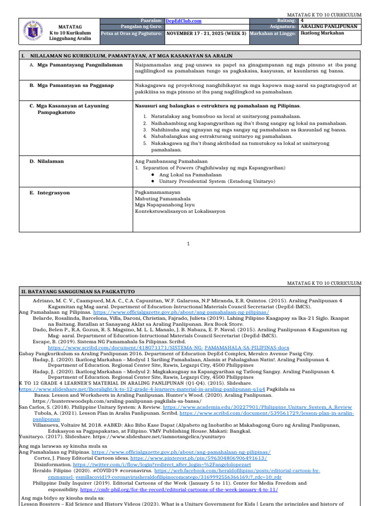 Dll Matatag _araling Panlipunan 4 q3 w3 | PDF