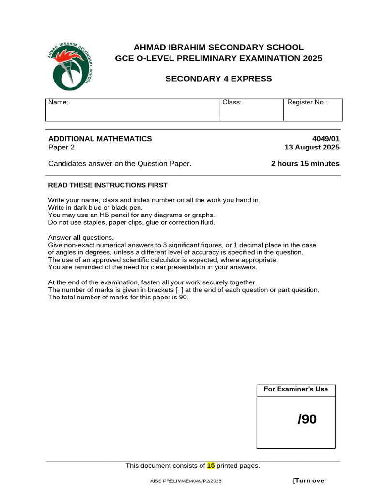 2025 - 4E - Add Math Paper 2 - Prelim - MS | PDF | Circle | Equations