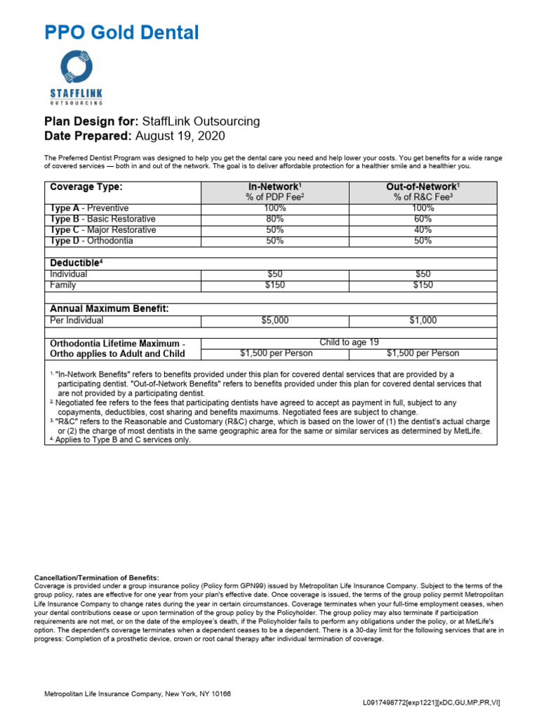 MetLife PPO Gold Dental - Summary | PDF | Consolidated Omnibus Budget ...