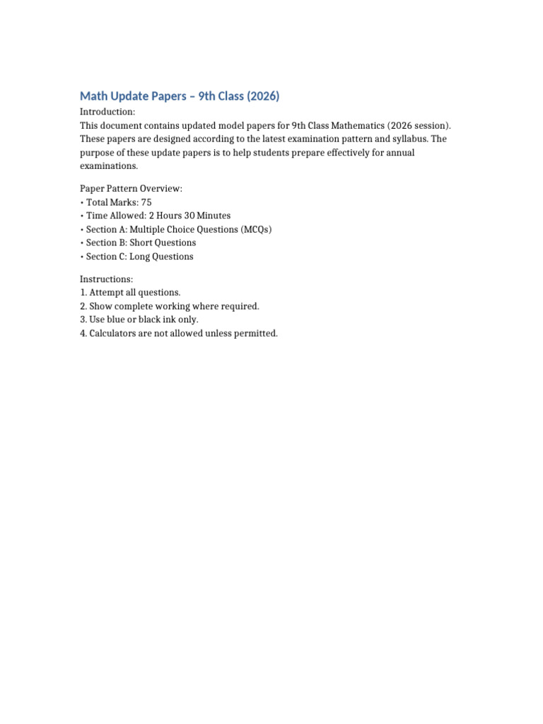 Math Update Papers 9th Class 2026 | PDF