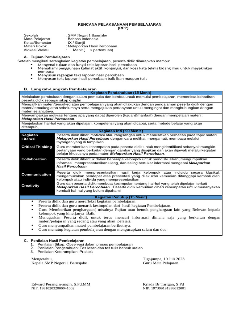 KT - RPP B.indo Kelas 9 Sem 1 | PDF