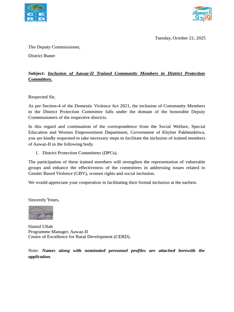 Letter to DC for Inclusion of Members in Distt Protection Committee ...