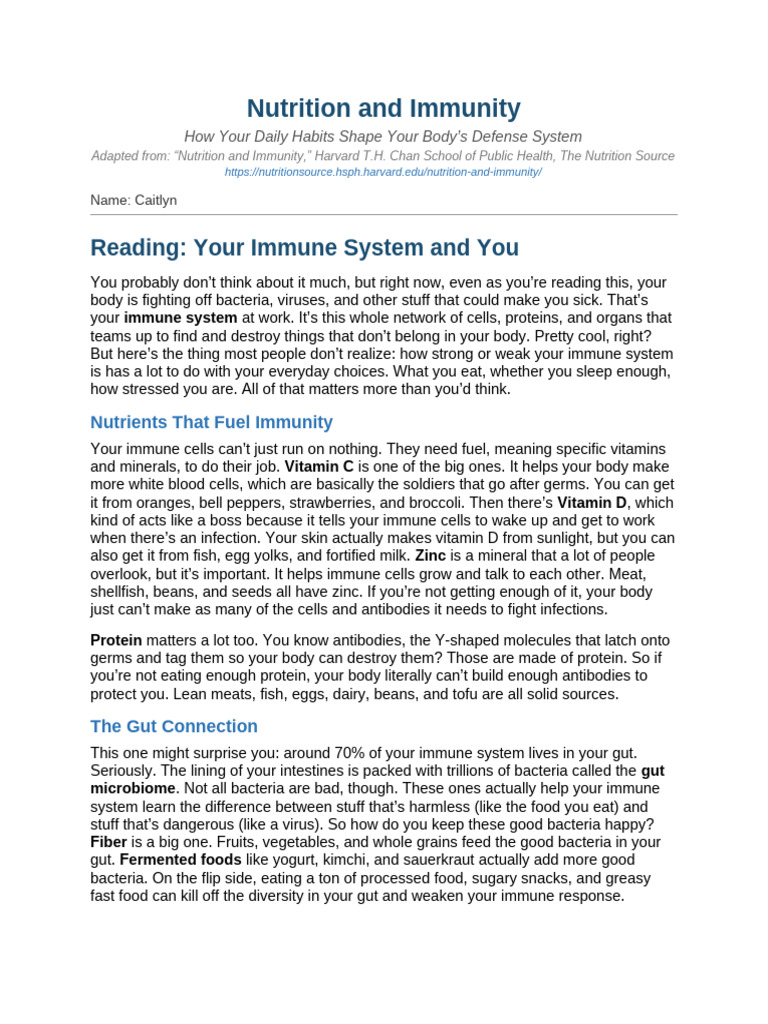 Nutrition and Immunity Handout | PDF | Immune System | Foods