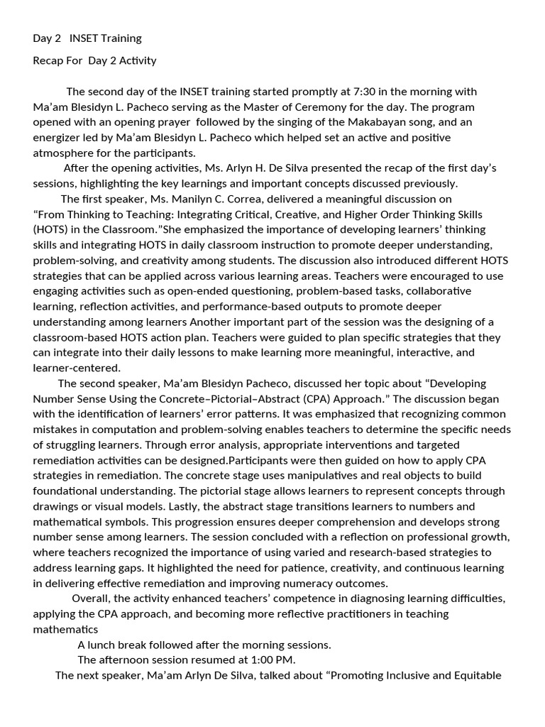 Day 2 INSET Training Recap | PDF | Learning | Teachers