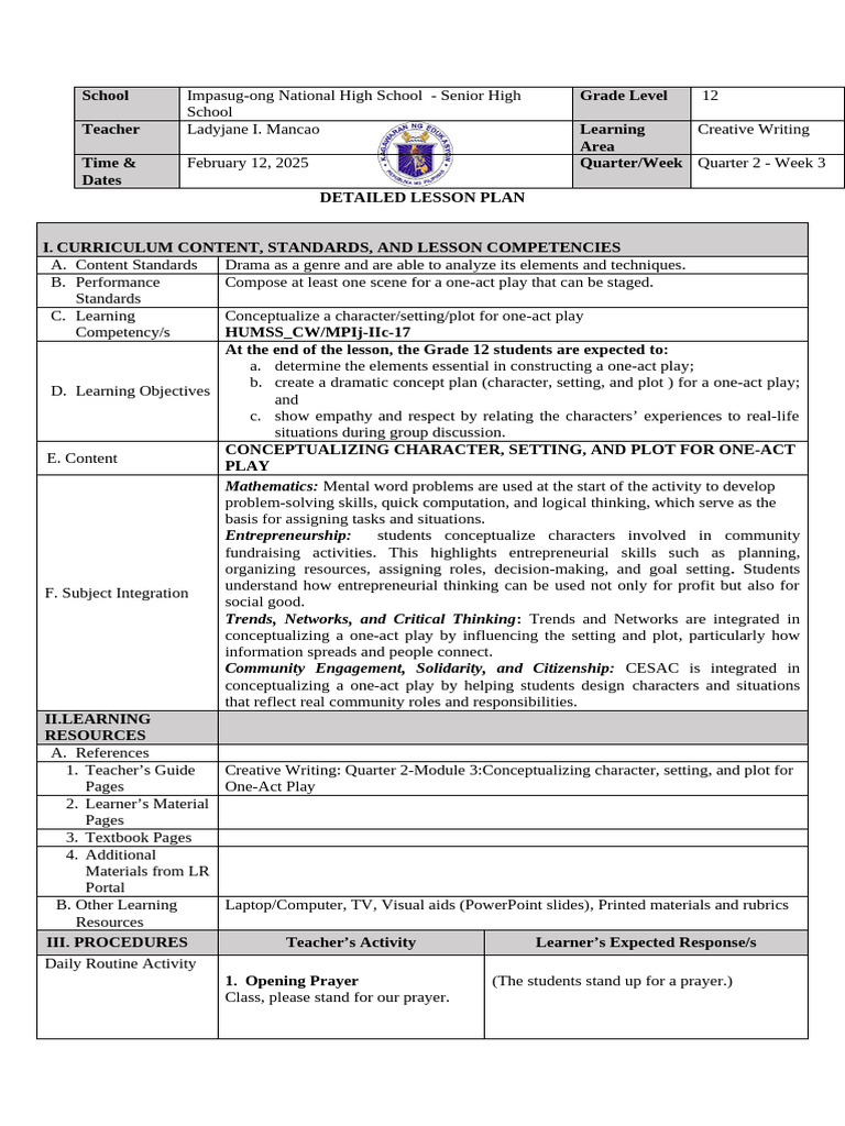 SHS LESSON PLAN (Conceptualizing) | PDF | Concept | Plot (Narrative)