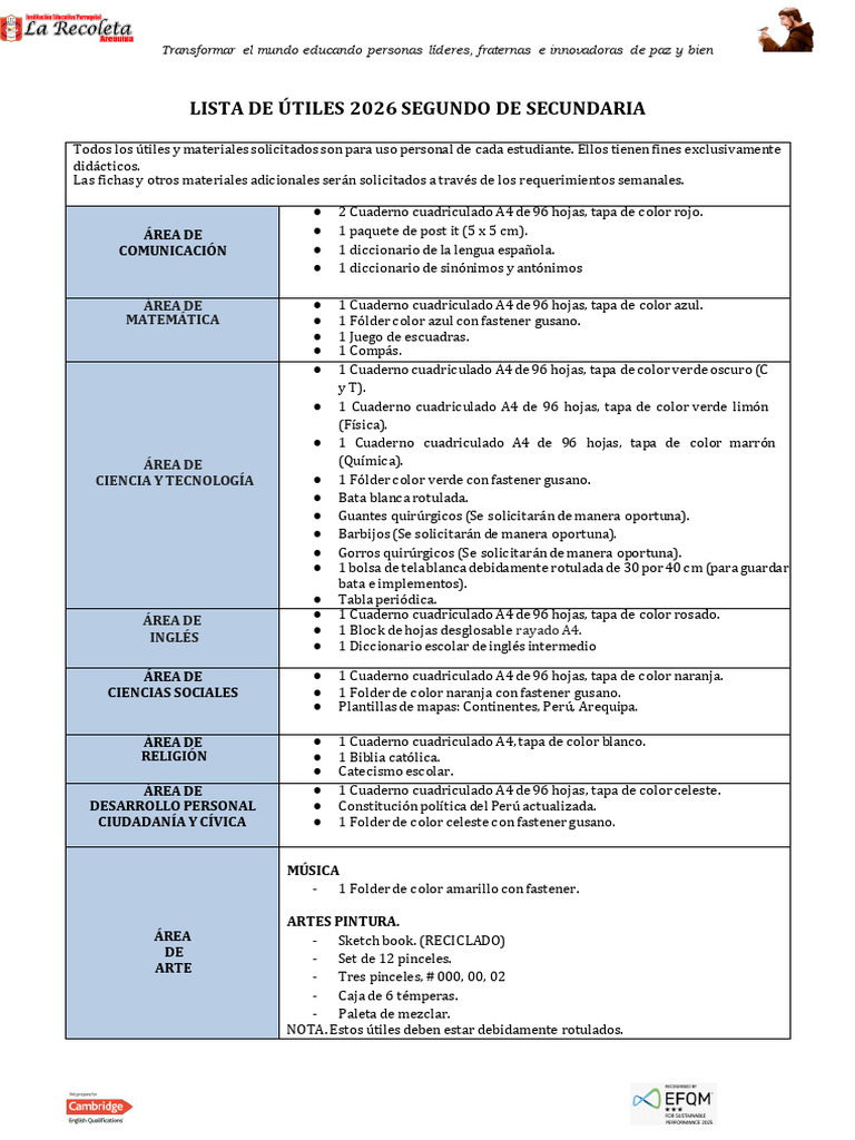 Lista de Utiles 2026 Segundo Secundaria Ok | PDF