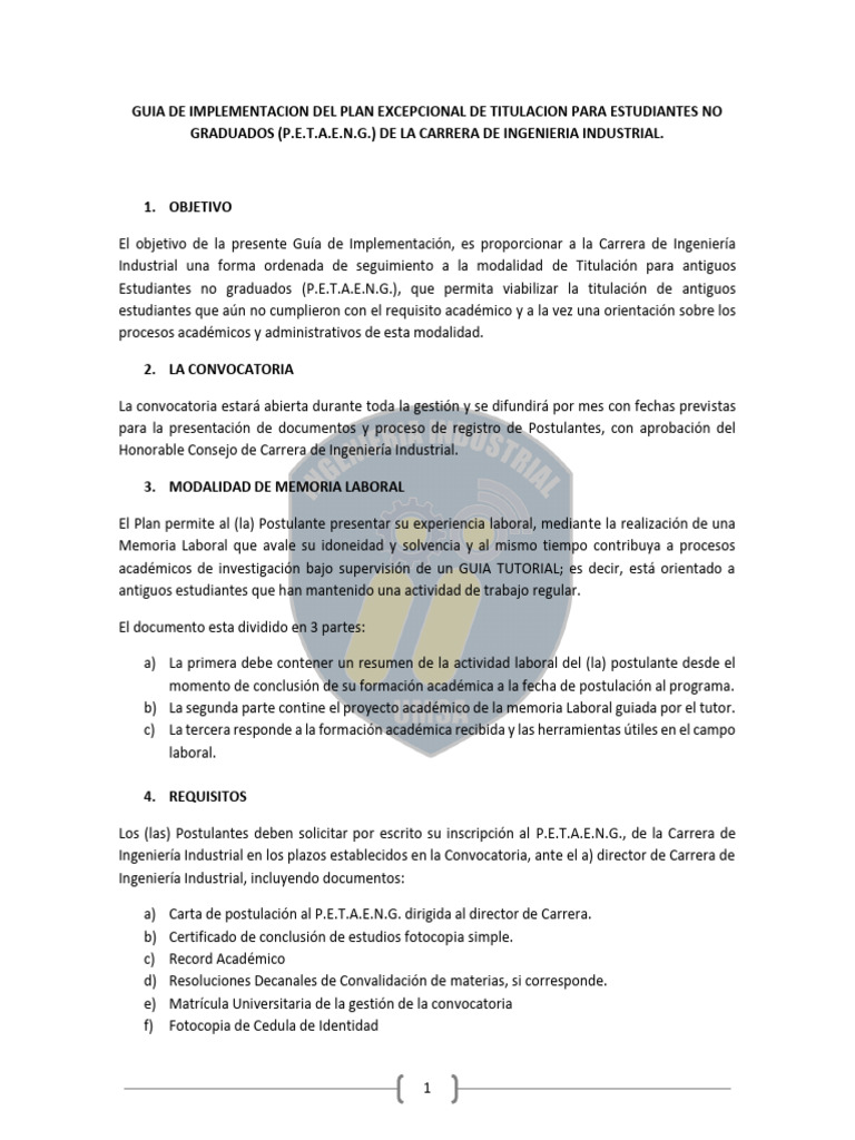 Guia de Implementacion PETAE Ingeniería Industrial | PDF