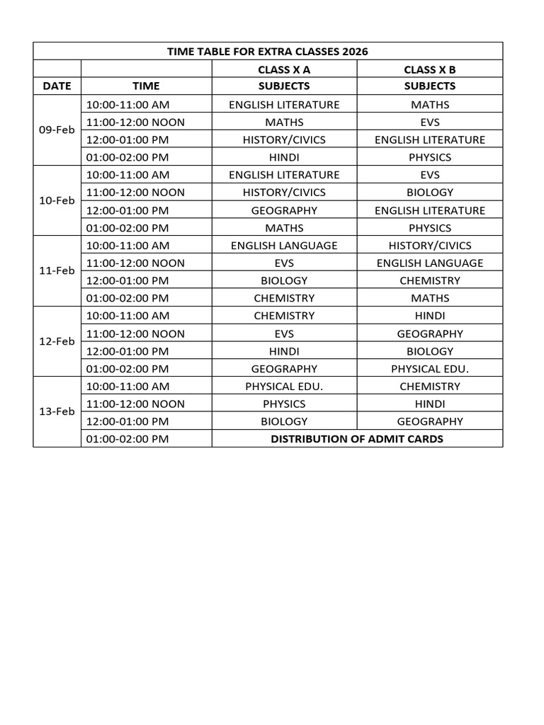 Time Table For Extra Classes 2026 Revised | PDF