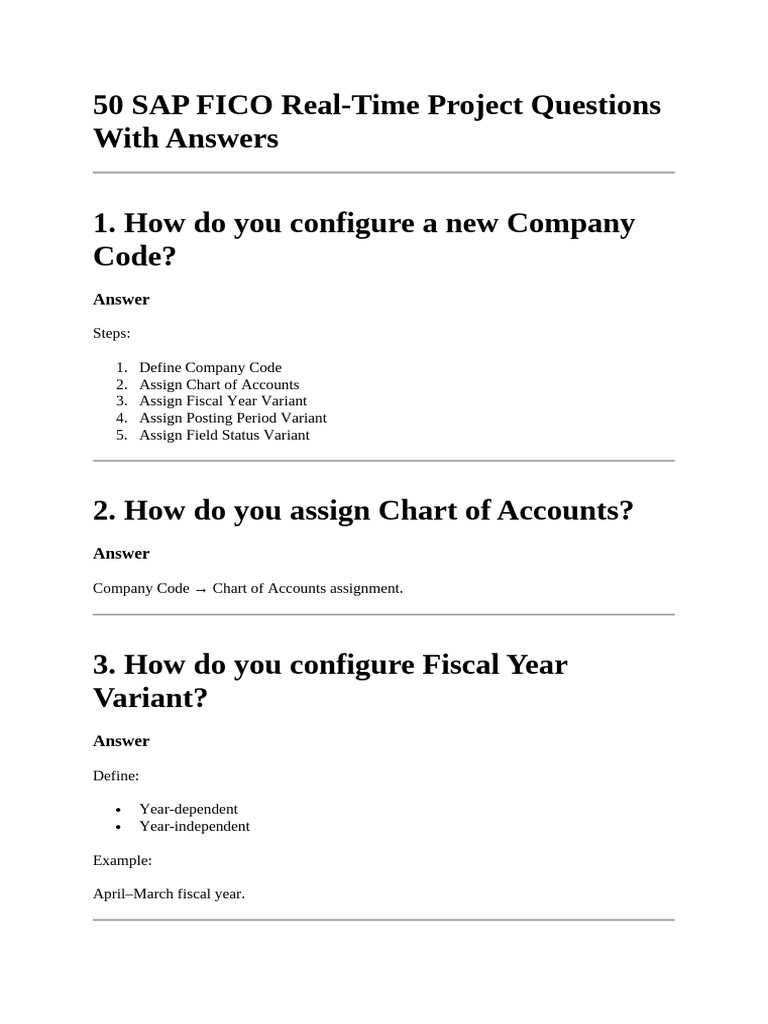 50 SAP FICO Real-Time Project Questions With Answers | PDF
