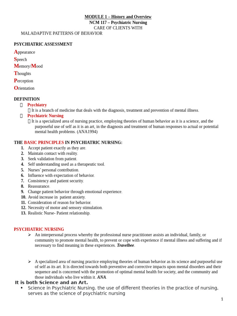 NCM 117 Psychiatric Nursing Module 1 | PDF | Psychiatry | Neurotransmitter