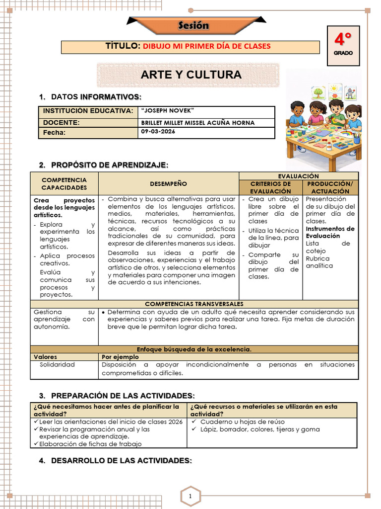 Sesion Arte Mi Primer Dia de Clases | PDF | Evaluación | Dibujo