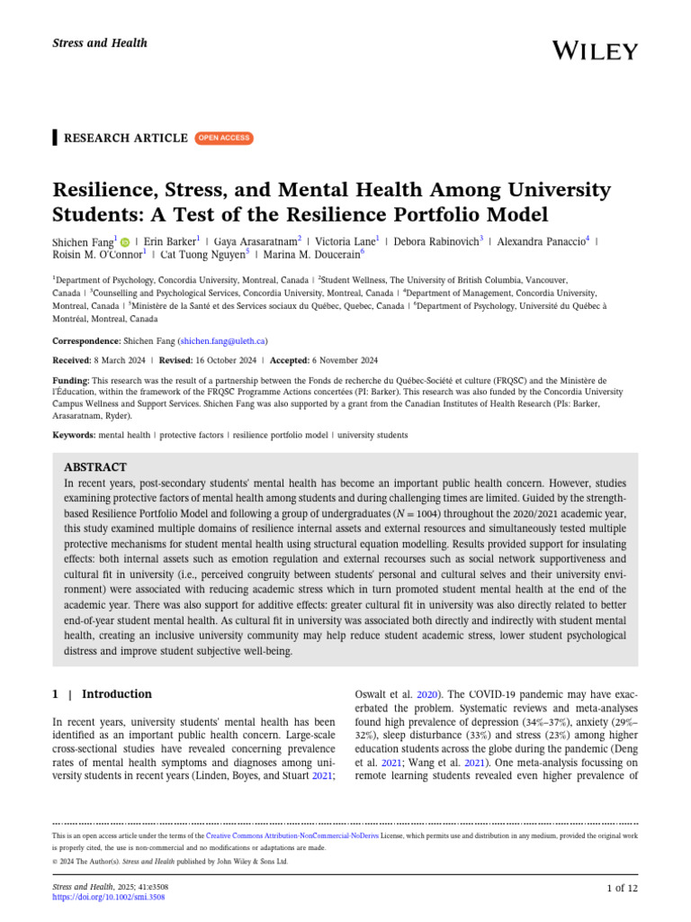 Resilience, Stress, and Mental Health Among University Students: A Test ...
