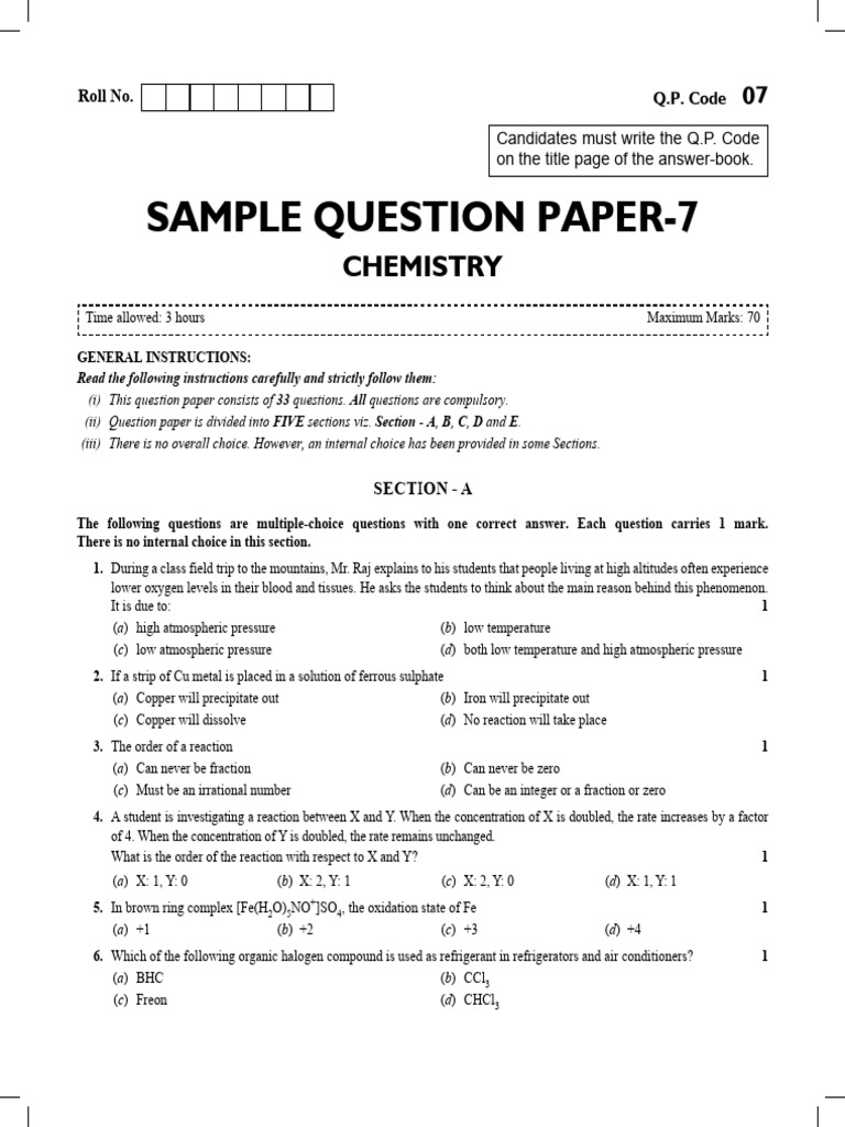 CBSE 12th Sample Question Paper-7 Chemistry | PDF | Potassium | Chemistry