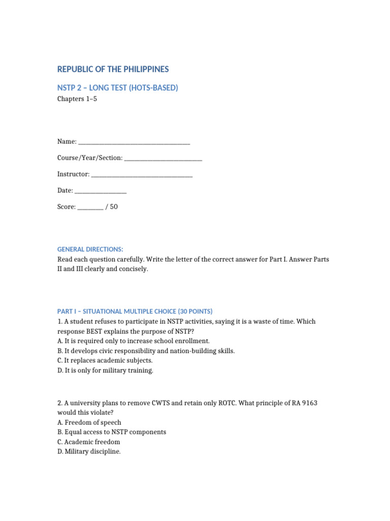 NSTP 2 Long Test HOTS Printable | PDF