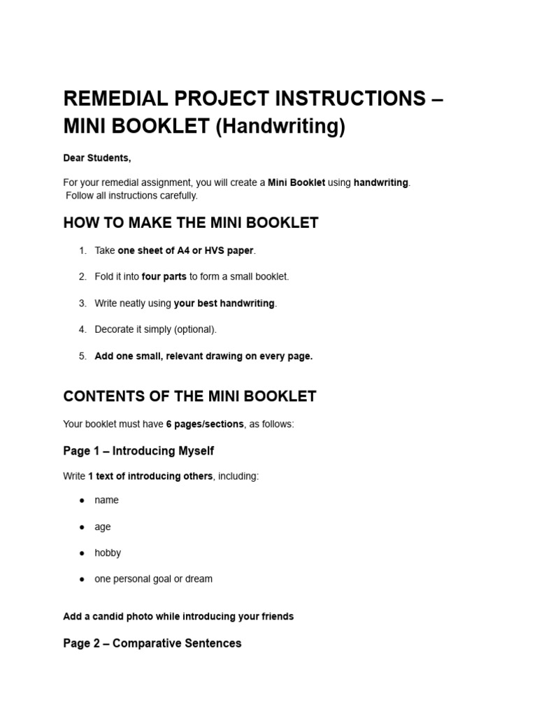 Remedial Project Instructions - Mini Booklet (Handwriting) | PDF
