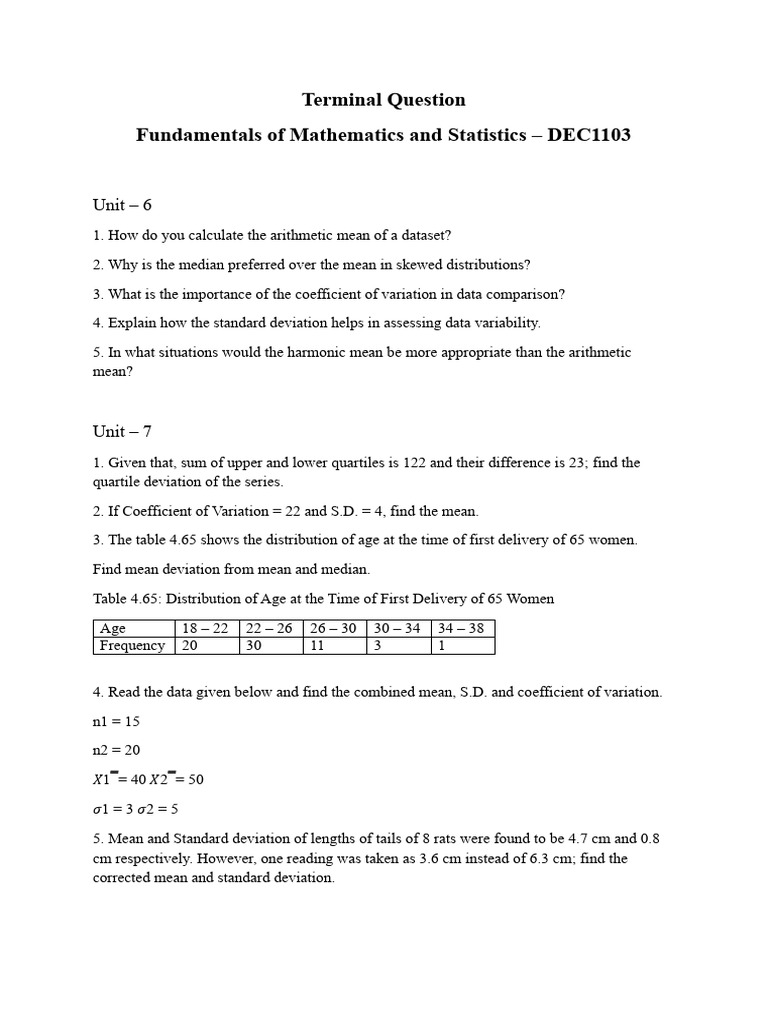 Terminal Question Fundamentals of Mathematics and Statistics | PDF ...