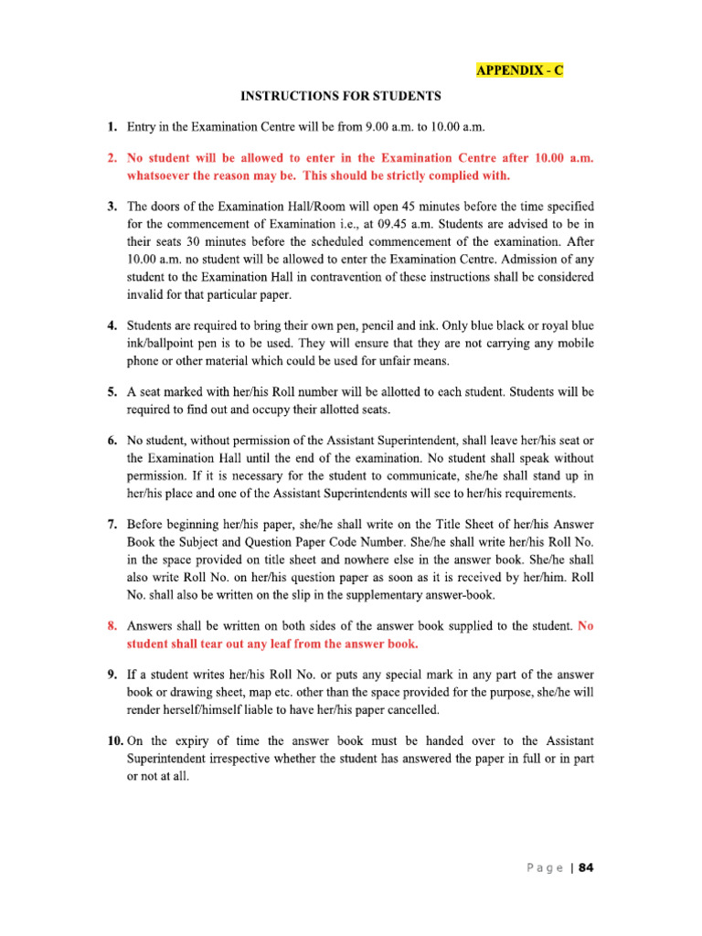 Instructions for Students Class X and XII for Board Exams 2026 | PDF