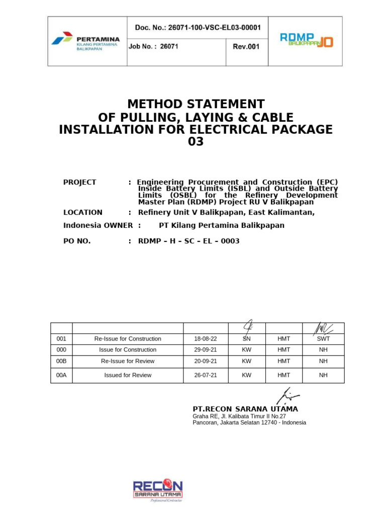 26071-100-VSC-EL3-00001_METHOD STATEMENT FOR PULLING LAYING AND CABLE ...