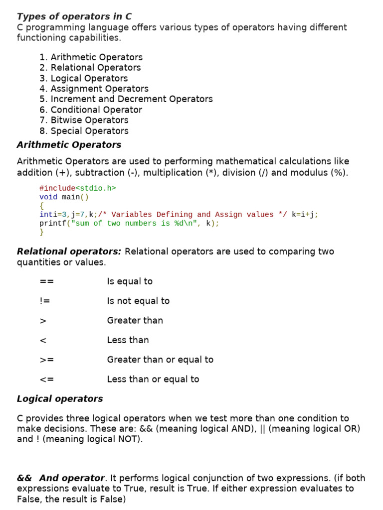 Types of Operators in C | PDF | Mathematics | Computer Data