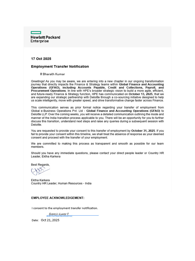 India - Employment Transfer Notification - Signed | PDF