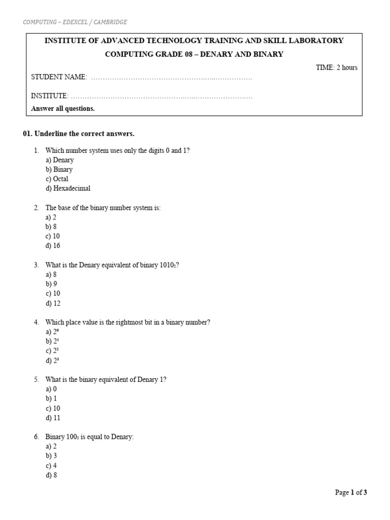 Grade 08 Computing - Denary Binary | PDF | Decimal | Mathematical Notation