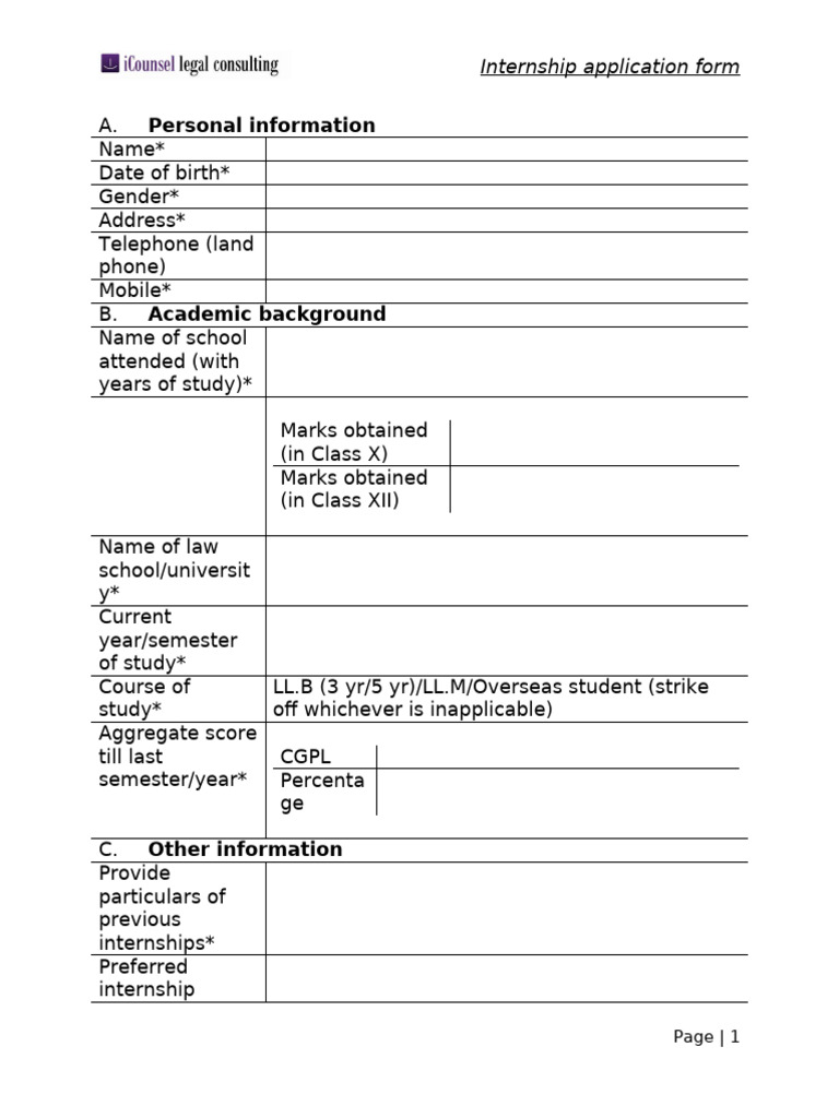 ILC Internship Application Form | PDF