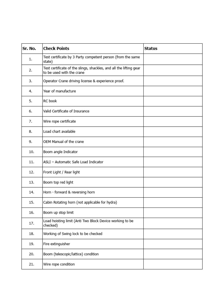 37 Points Checklist (1) | PDF | Crane (Machine) | Manufactured Goods