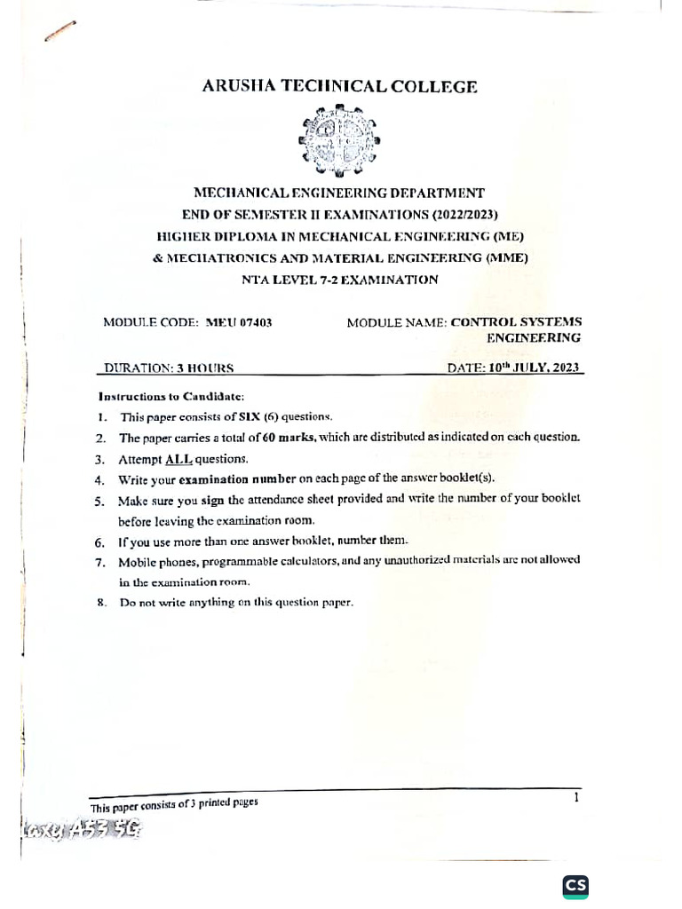 Control System Engineering - EnD EXAM | PDF