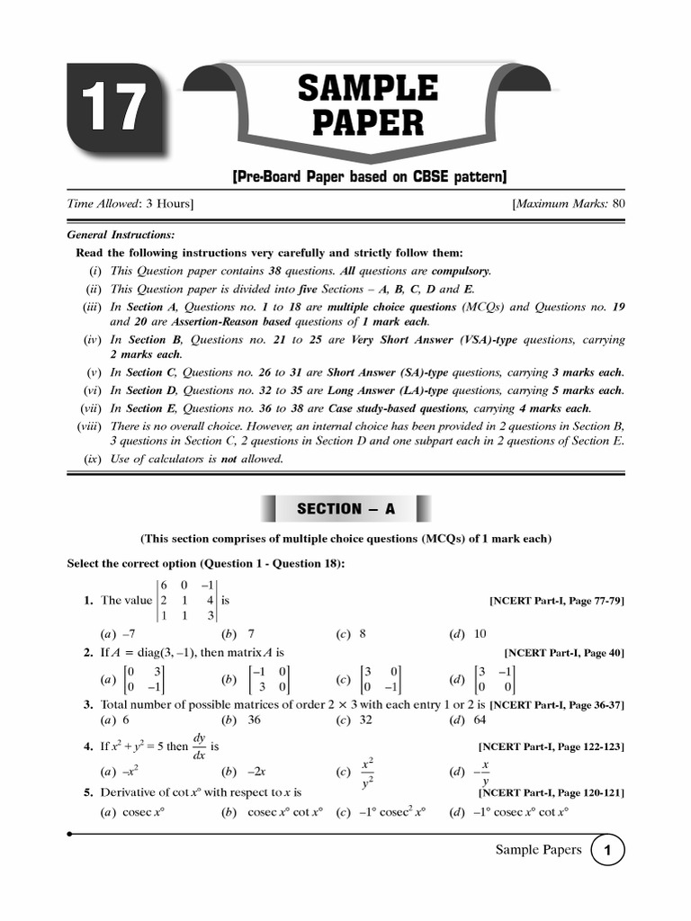 12th Cbse Maths Sample Paper 17 | PDF