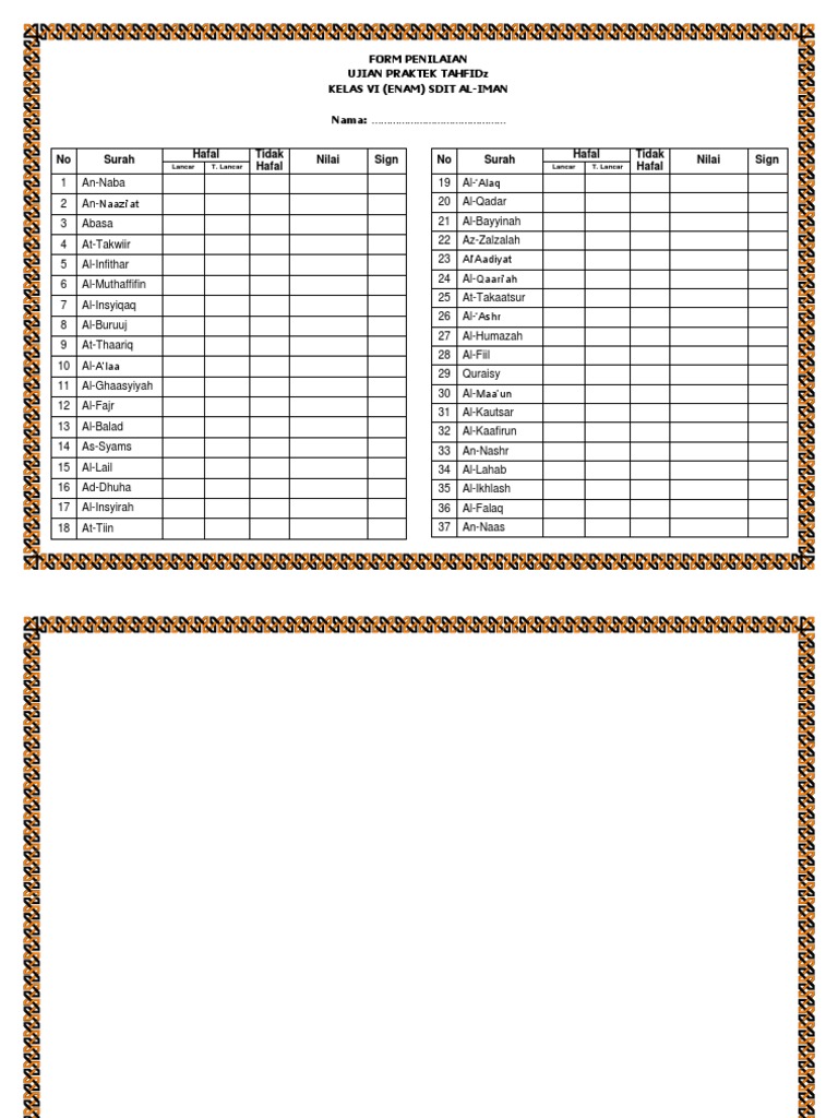 Form Penilaian Tahfidz
