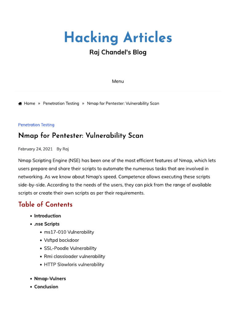 Nmap For Pentester Vulnerability Scan | PDF