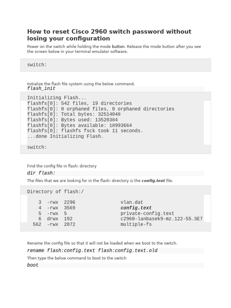 Reset Cisco 2960 Switch Password | PDF | Computer File | Command Line ...