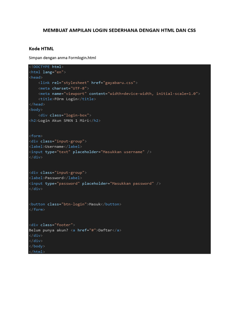 Latihan Membuat Ampilan Login Sederhana Dengan HTML Dan Css | PDF
