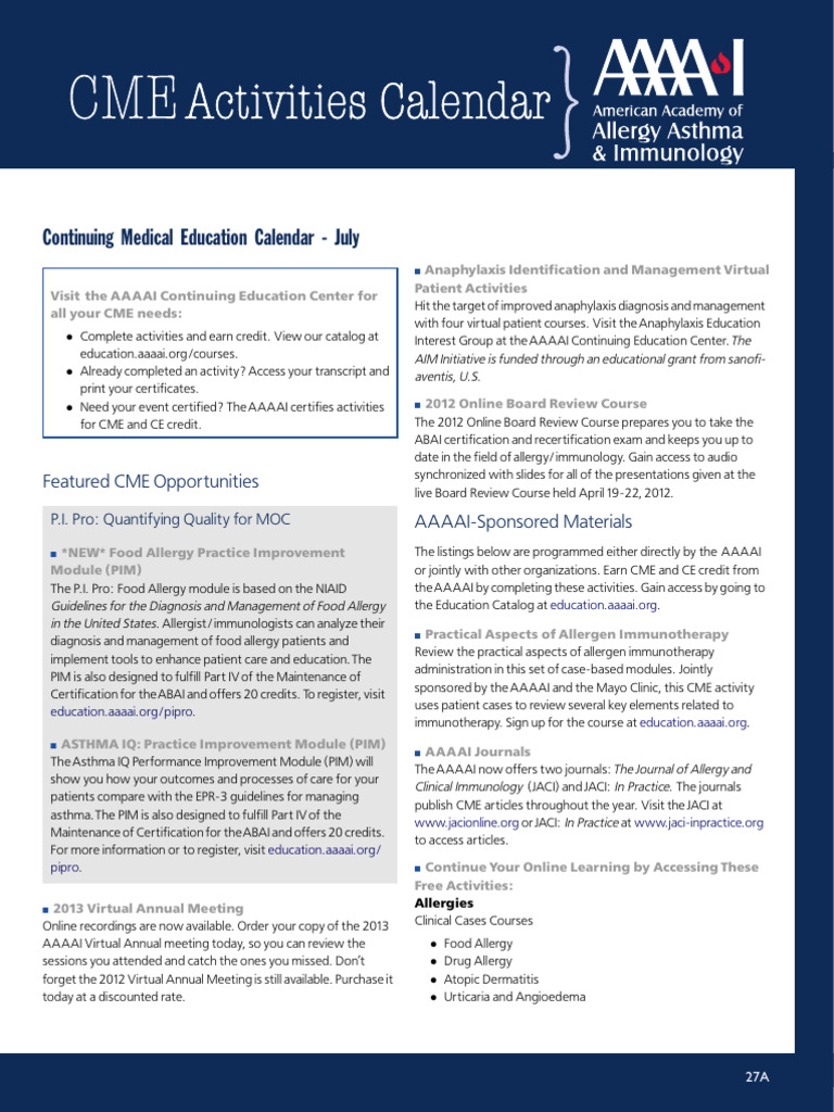 CME Activities Calendar Ymai | PDF | Allergy | Allergen