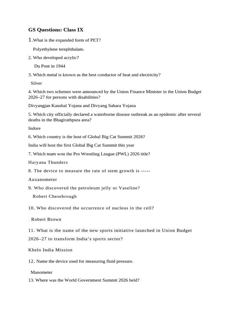 Gs Questions Class 9 | PDF