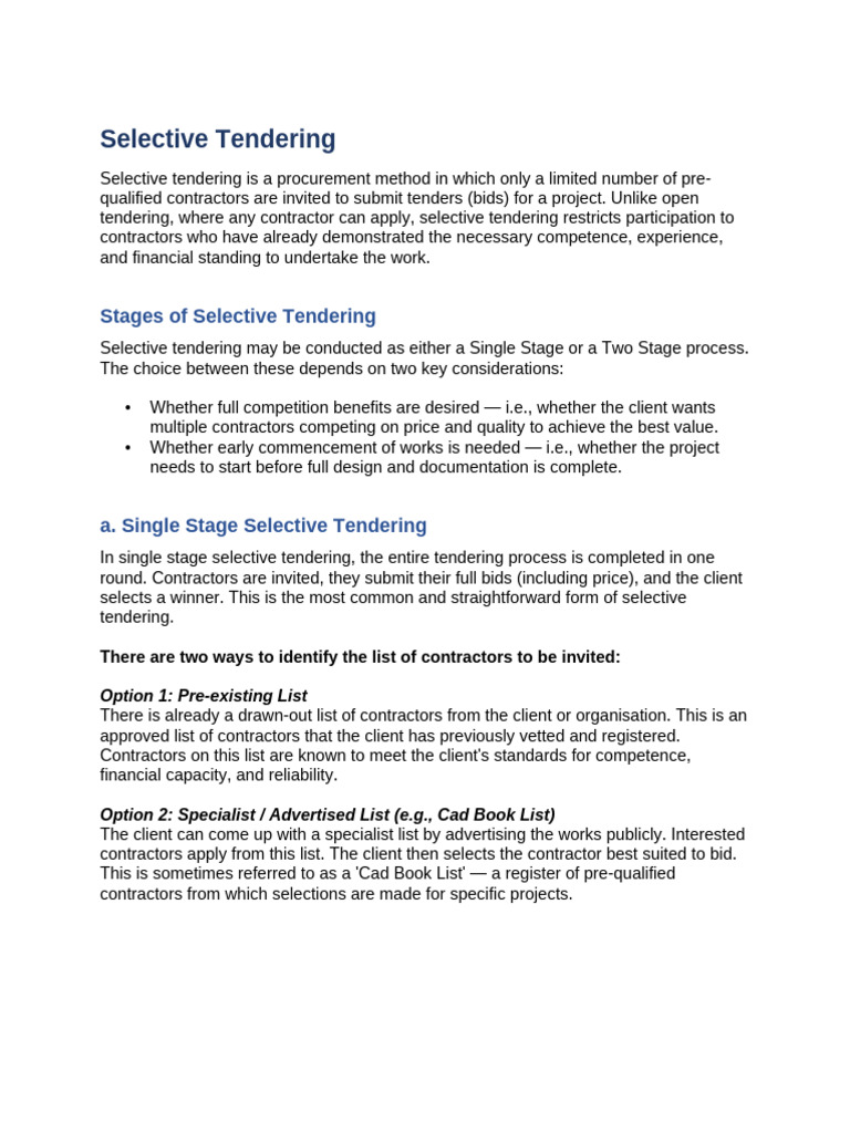 Selective Tendering Notes | PDF | Subcontractor | Business