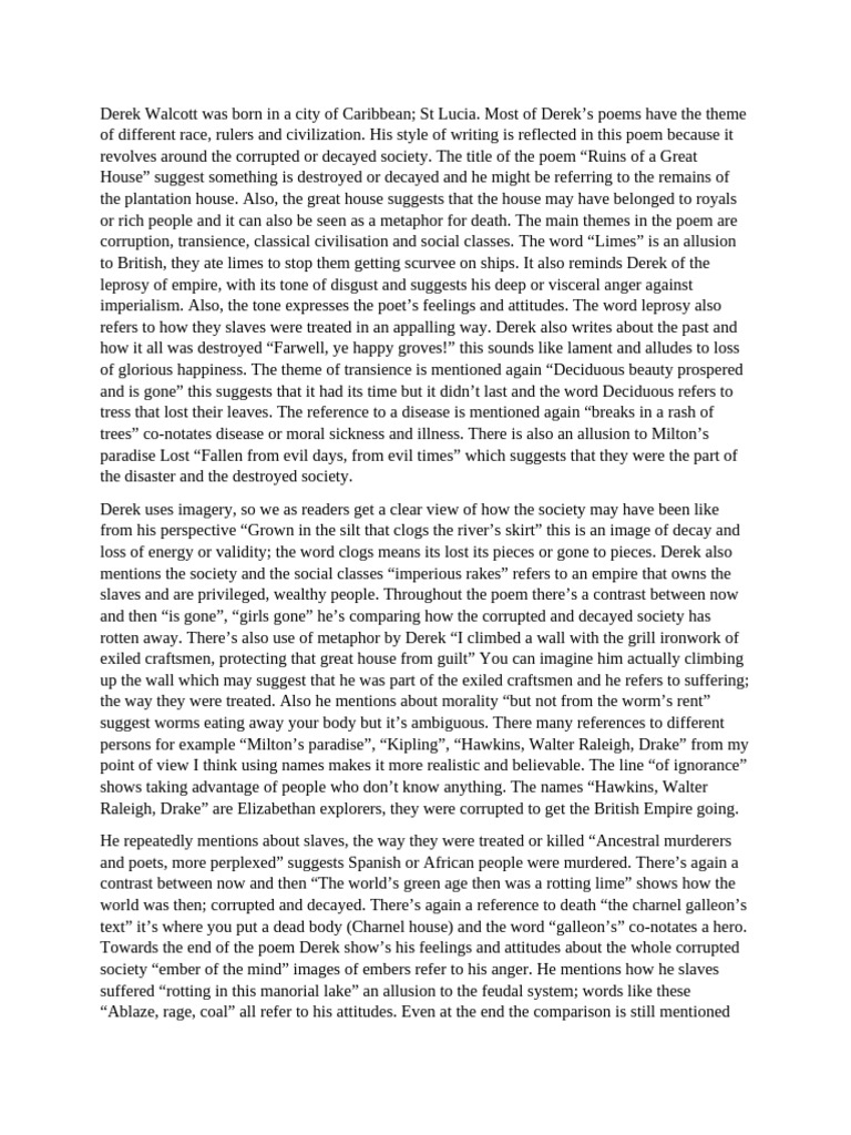 Derek Walcott Was Born in A City of Caribbean | PDF | Poetry | Metre ...