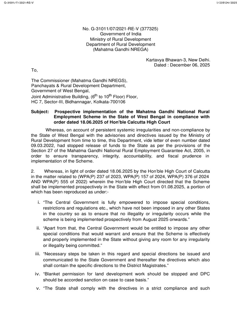 Resumption Order MGNREGS in WB | PDF | Government | Government Of India