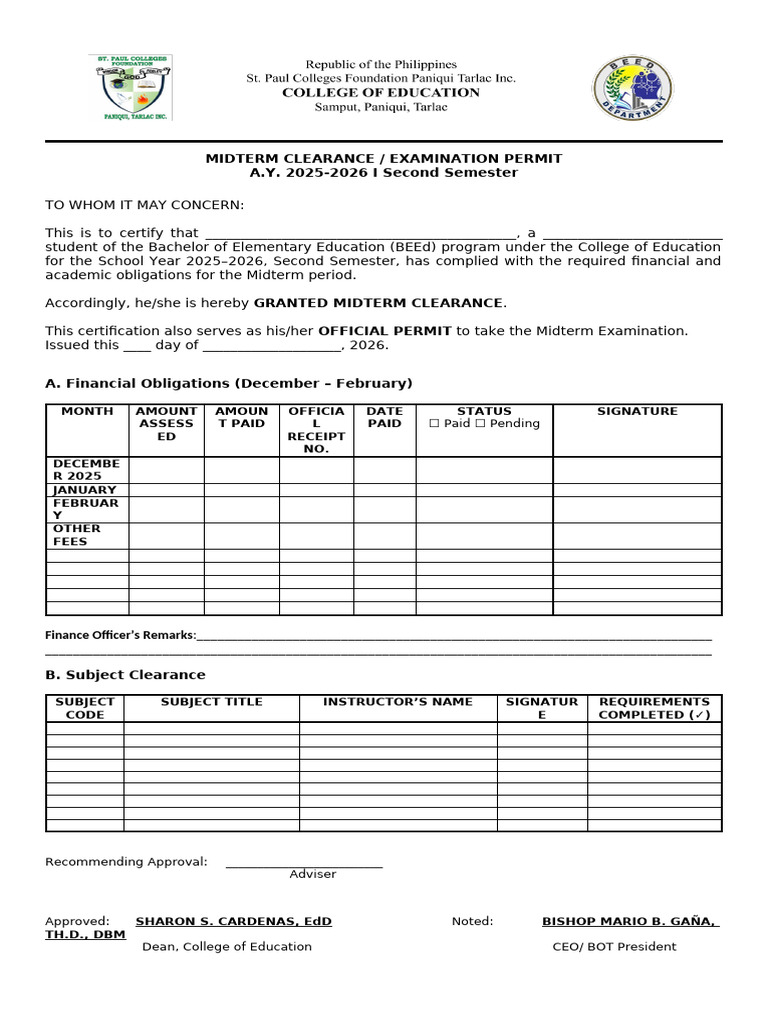 Midterm Clearance Examination Permit | PDF