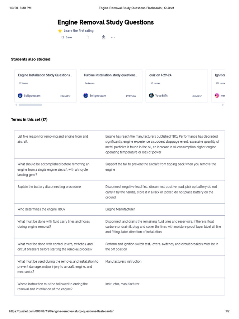 Engine Removal Study Questions Flashcards - Quizlet | PDF ...