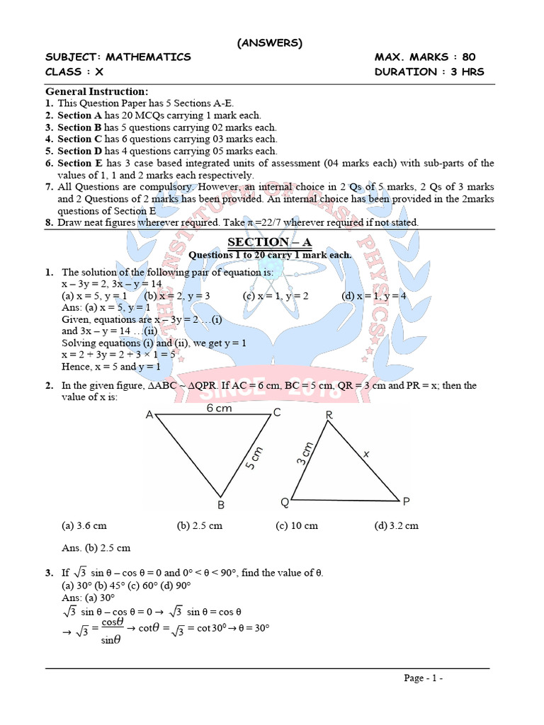 Maths Class X Sample Paper Test 09 For Board Exam 2025 Answers | PDF ...
