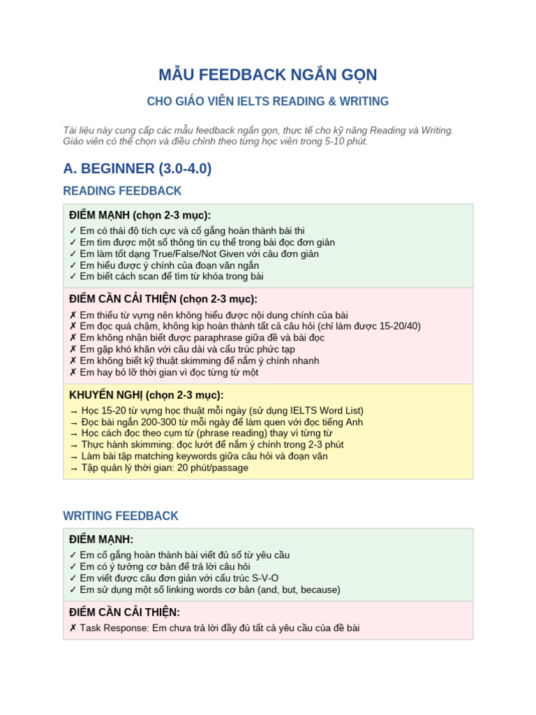 IELTS Reading Writing Feedback Guide | PDF