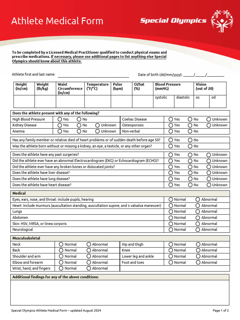 Athlete Medical Form Aug 22 2024 | PDF | Blood Pressure | Medical ...